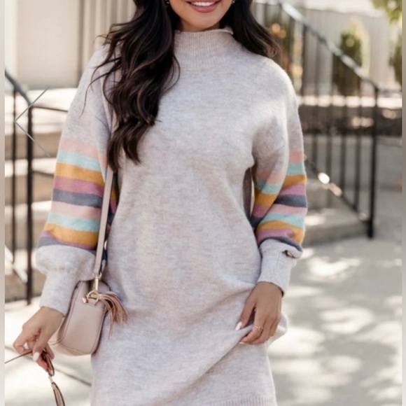 Pink Lily Multicolor Striped Sleeve mock Turtleneck Sweater dress NWOT - Picture 5 of 5